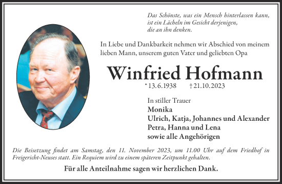 Traueranzeige von Winfried Hofmann von Gelnhäuser Neue Zeitung