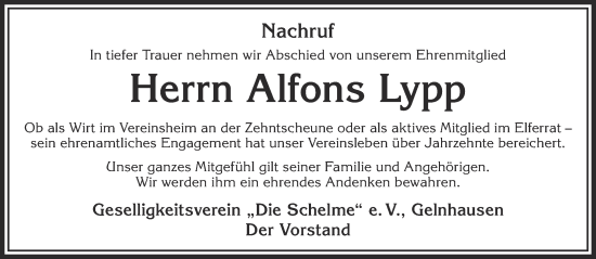 Traueranzeige von Alfons Lypp von Gelnhäuser Neue Zeitung