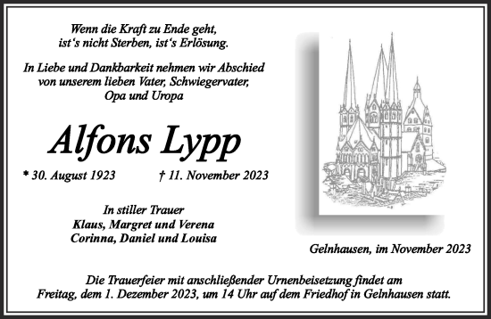 Traueranzeige von Alfons Lypp von Gelnhäuser Neue Zeitung