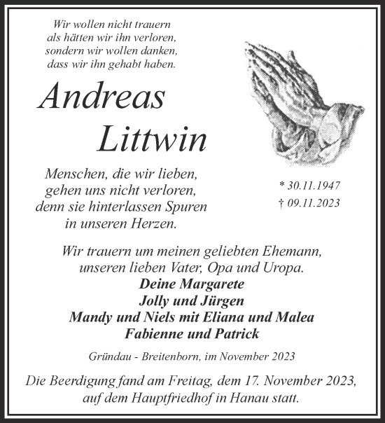 Traueranzeige von Andreas Littwin von Mittelhessen-Bote