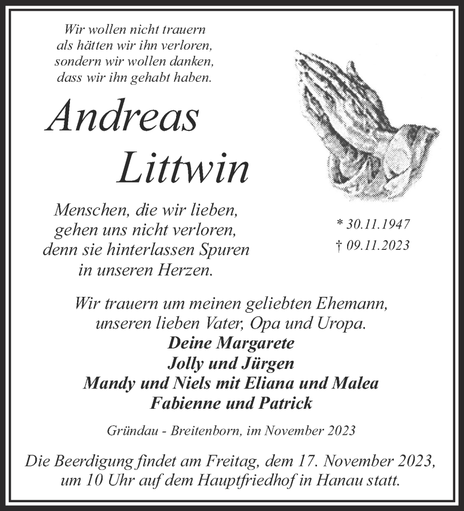  Traueranzeige für Andreas Littwin vom 15.11.2023 aus Gelnhäuser Neue Zeitung