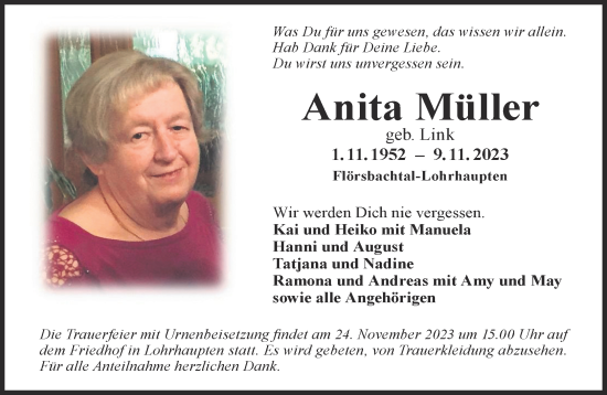 Traueranzeige von Anita Müller von Gelnhäuser Neue Zeitung