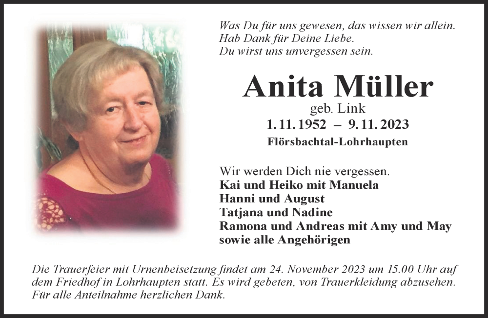  Traueranzeige für Anita Müller vom 18.11.2023 aus Gelnhäuser Neue Zeitung