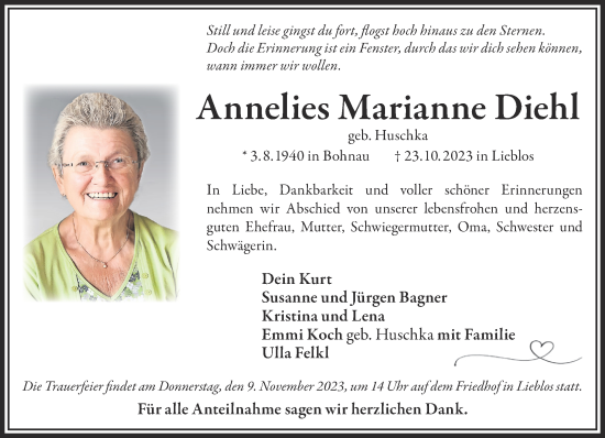 Traueranzeige von Annelies Marianne Diehl von Gelnhäuser Neue Zeitung