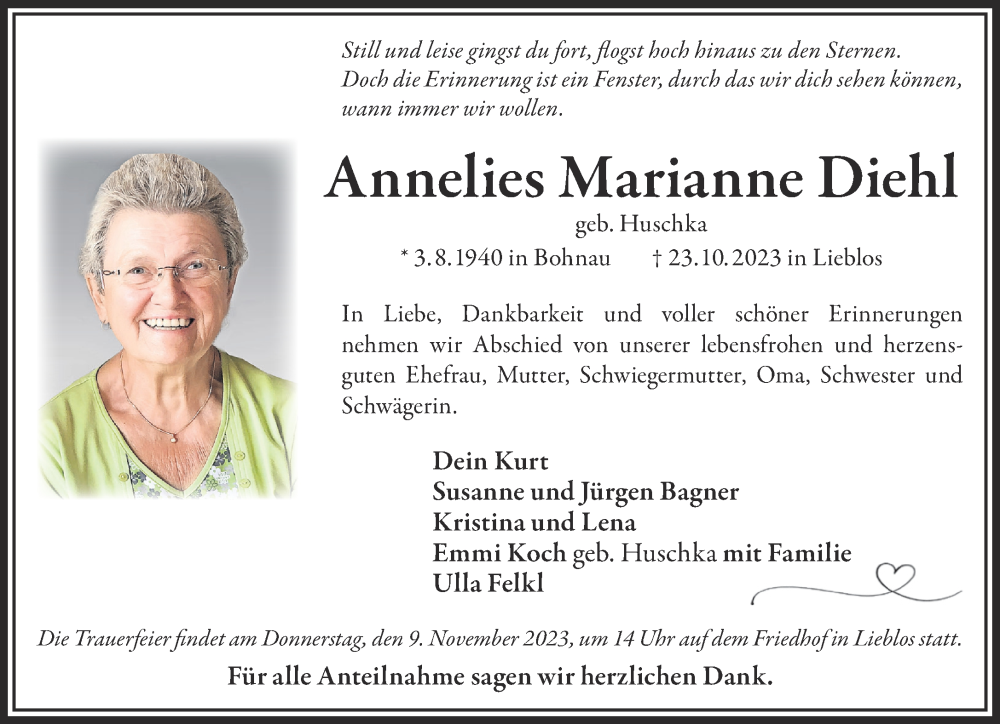  Traueranzeige für Annelies Marianne Diehl vom 04.11.2023 aus Gelnhäuser Neue Zeitung