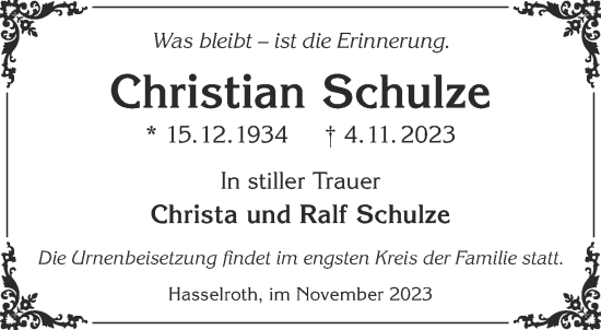 Traueranzeige von Christian Schulze von Gelnhäuser Neue Zeitung