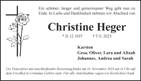 Traueranzeige von Christine Heger von Gelnhäuser Neue Zeitung