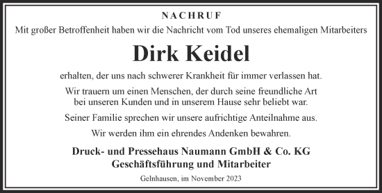 Traueranzeige von Dirk Keidel von Gelnhäuser Neue Zeitung