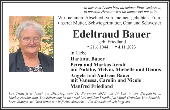 Traueranzeige von Edeltraud Bauer von Gelnhäuser Neue Zeitung