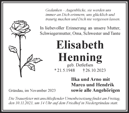 Traueranzeige von Elisabeth Henning von Gelnhäuser Neue Zeitung