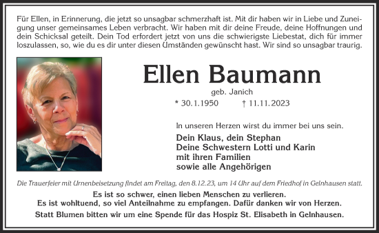 Traueranzeige von Ellen Baumann von Gelnhäuser Neue Zeitung