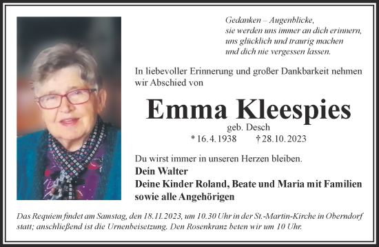 Traueranzeige von Emma Kleespies von Gelnhäuser Neue Zeitung