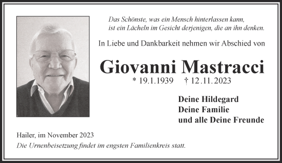 Traueranzeige von Giovanni Mastracci von Gelnhäuser Neue Zeitung