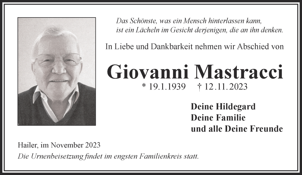  Traueranzeige für Giovanni Mastracci vom 18.11.2023 aus Gelnhäuser Neue Zeitung