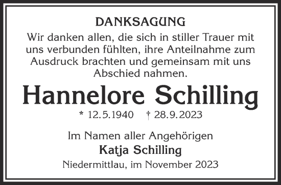 Traueranzeige von Hannelore Schilling von Gelnhäuser Neue Zeitung