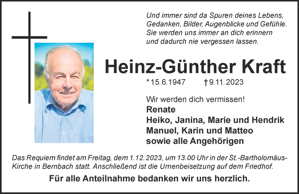  Traueranzeige für Heinz-Günther Kraft vom 18.11.2023 aus Gelnhäuser Neue Zeitung