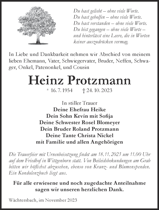 Traueranzeige von Heinz Protzmann von Gelnhäuser Neue Zeitung