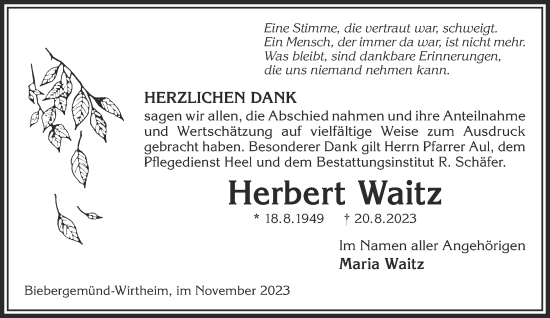 Traueranzeige von Herbert Waitz von Gelnhäuser Neue Zeitung