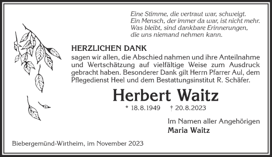 Traueranzeige von Herbert Waitz von Mittelhessen-Bote