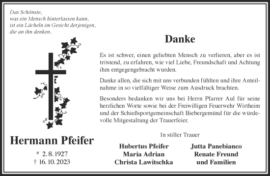 Traueranzeige von Hermann Pfeifer von Gelnhäuser Neue Zeitung