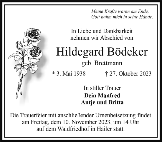 Traueranzeige von Hildegard Bödeker von Gelnhäuser Neue Zeitung