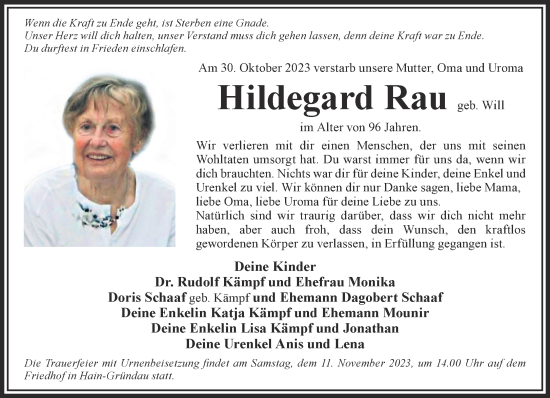 Traueranzeige von Hildegard Rau von Gelnhäuser Neue Zeitung