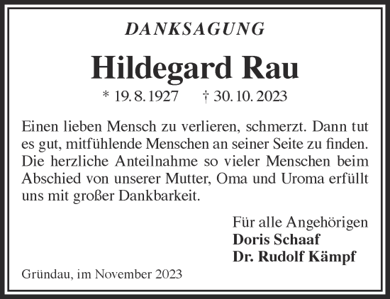 Traueranzeige von Hildegard Rau von Gelnhäuser Neue Zeitung