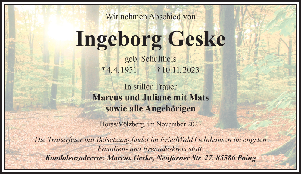  Traueranzeige für Ingeborg Geske vom 18.11.2023 aus Gelnhäuser Neue Zeitung