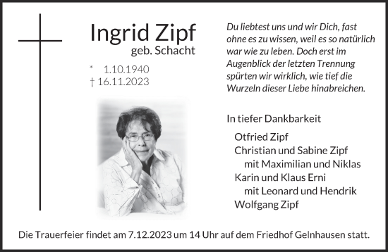 Traueranzeige von Ingrid Zipf von Gelnhäuser Neue Zeitung