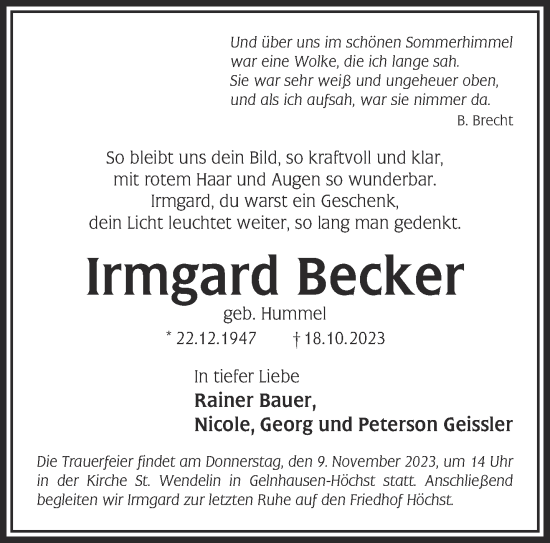 Traueranzeige von Irmgard Becker von Gelnhäuser Neue Zeitung