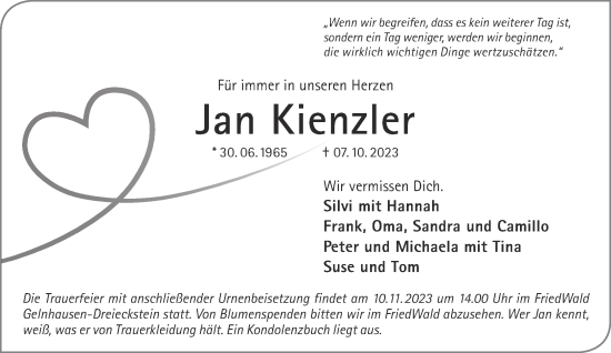 Traueranzeige von Jan Kienzler von Gelnhäuser Neue Zeitung