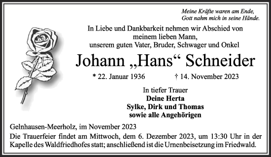 Traueranzeige von Johann Schneider von Gelnhäuser Neue Zeitung