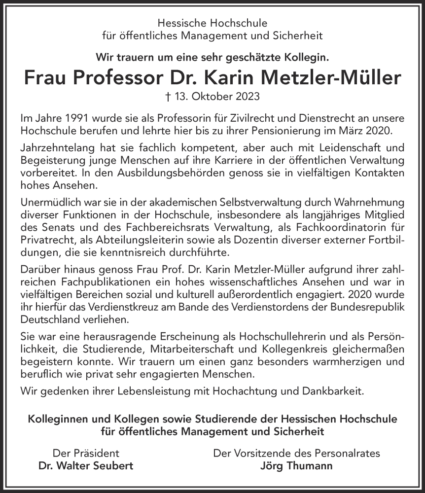 Traueranzeige für Karin Metzler-Müller vom 04.11.2023 aus Gelnhäuser Neue Zeitung