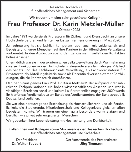 Traueranzeige von Karin Metzler-Müller von Gelnhäuser Neue Zeitung