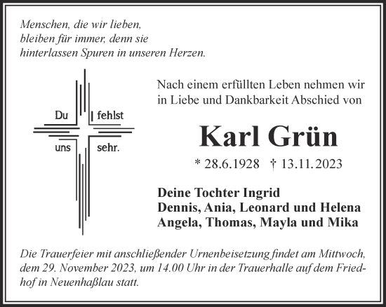 Traueranzeige von Karl Grün von Gelnhäuser Neue Zeitung