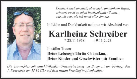 Traueranzeige von Karlheinz Schreiber von Gelnhäuser Neue Zeitung