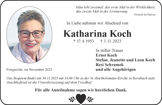 Traueranzeige von Katharina Koch von Gelnhäuser Neue Zeitung