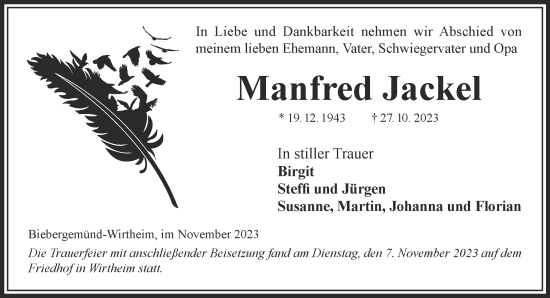 Traueranzeige von Manfred Jackel von Mittelhessen-Bote