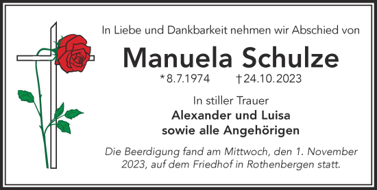 Traueranzeige von Manuela Schulze von Mittelhessen-Bote