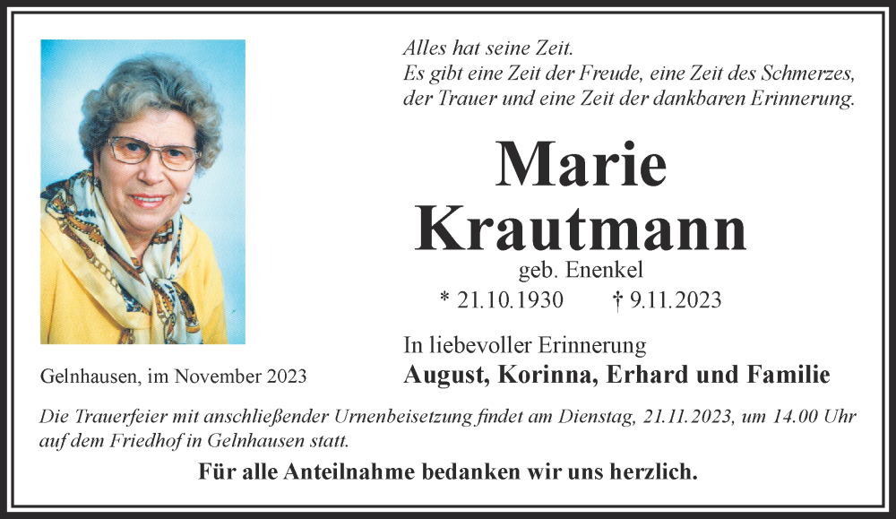  Traueranzeige für Marie Krautmann vom 18.11.2023 aus Mittelhessen-Bote