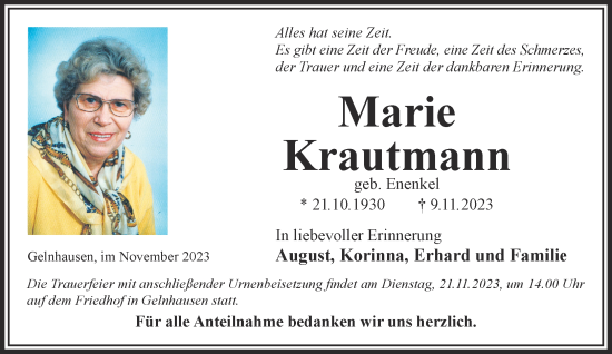 Traueranzeige von Marie Krautmann von Gelnhäuser Neue Zeitung