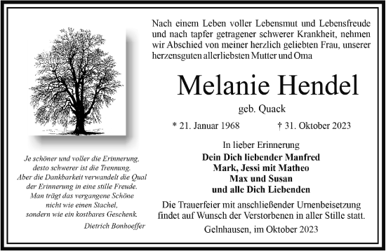 Traueranzeige von Melanie Hendel von Mittelhessen-Bote