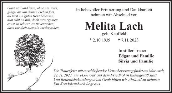 Traueranzeige von Melita Lach von Gelnhäuser Neue Zeitung