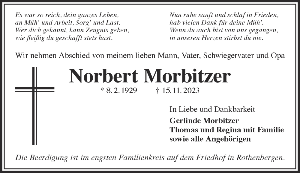  Traueranzeige für Norbert Morbitzer vom 18.11.2023 aus Gelnhäuser Neue Zeitung