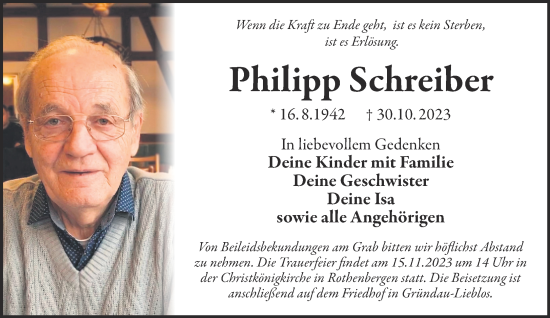 Traueranzeige von Philipp Schreiber von Gelnhäuser Neue Zeitung