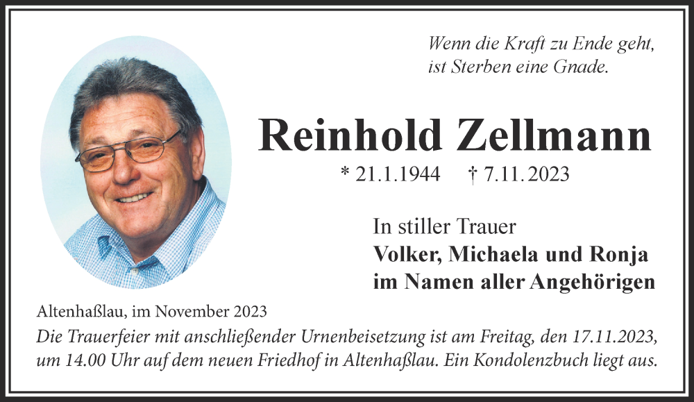  Traueranzeige für Reinhold Zellmann vom 11.11.2023 aus Gelnhäuser Neue Zeitung