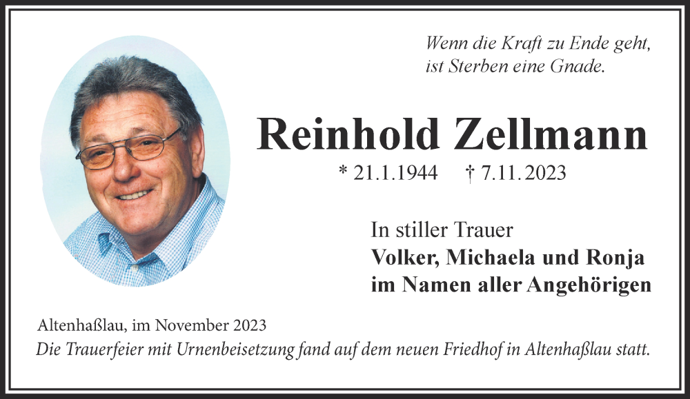  Traueranzeige für Reinhold Zellmann vom 18.11.2023 aus Mittelhessen-Bote