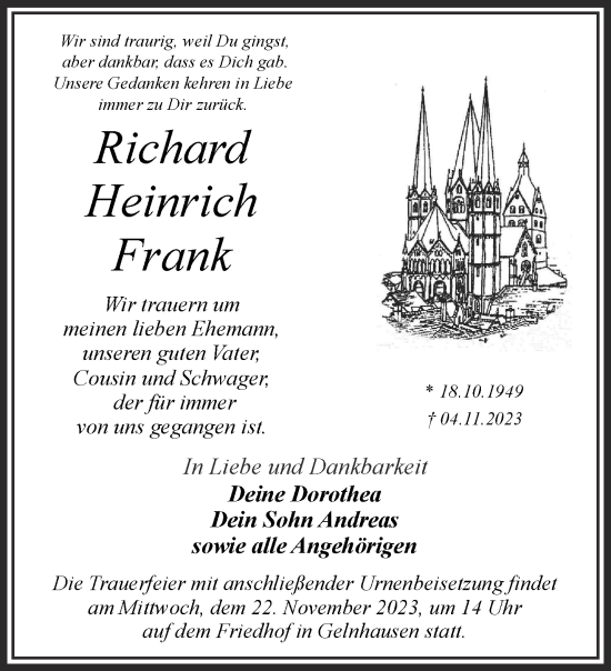 Traueranzeige von Richard Heinrich Frank von Gelnhäuser Neue Zeitung