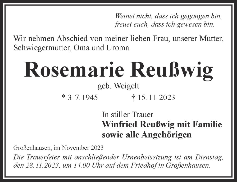  Traueranzeige für Rosemarie Reußwig vom 25.11.2023 aus Mittelhessen-Bote
