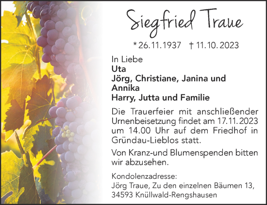 Traueranzeige von Siegfried Traue von Gelnhäuser Neue Zeitung